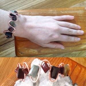 Copper ridge bracelet with with jasper, red tiger's eye, and onyx beads