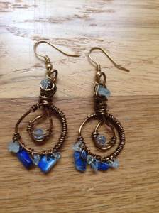 Earrings: bronze plated wire with lapis lazuil and aquamarine